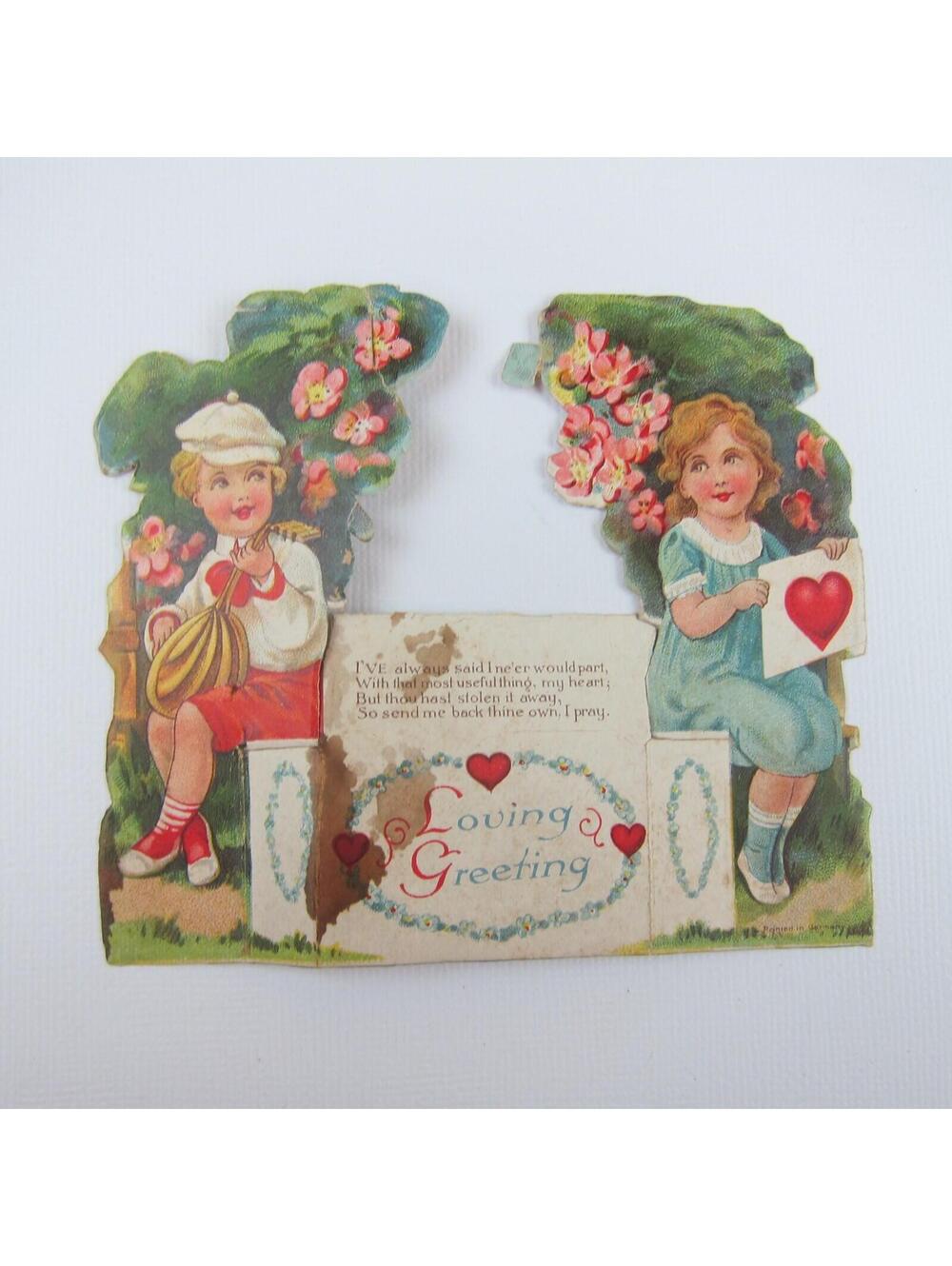 Vintage Valentine Blonde Boy Plays Gold Mandolin Girl Blue Dress Pink Flowers